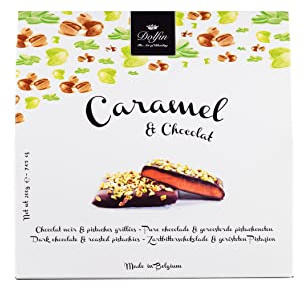 Dolfin Caramelo y Chocolate - Chocolate Negro con Pistachos Tostados - Caramelo Casero de Mantequilla Salada, Nueces Frescas y Crujientes - Regalos, Dulces, Golosinas - Hecho en Bélgica - 200g