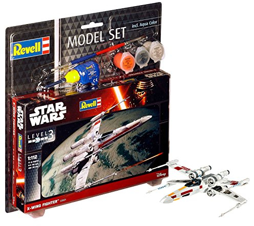Revell Model Set 63601 Star Wars X-wing Fighter 1:112 Scale Unbuilt/Unpainted Plastic Model Kit with Contacta Professional Glue, Paintbrush & Selected Aqua Color Paints