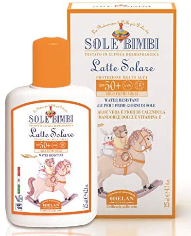 Helan, Sole Bimbi - Crema Solare 50+ Bambini e Neonati, Protezione Solare 50+ SPF Molto Alta contro Raggi UVB/UVA, Crema Solare Viso e Corpo con Olio di Mandorle Dolci, Vitamina E e Aloe Vera, 125 ml