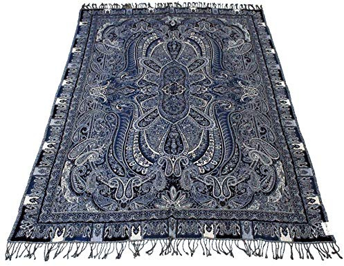 Lorenzo Cana Ullfilt, jacquard, vävd av bomull med finaste ull från merinolam, svart, vit, blå, paisley, filt, filt, ull, soffilt, pläd, 140 cm x 200 cm 96244