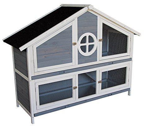 Wiltec Kaninchenstall graublau weiß 1160 x 450 x 1080 mm, Hasenvilla als Ergänzung für Freilauf, Kaninchenkäfig Hasenkäfig mit 4 Türen