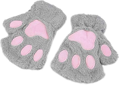 Queenbox Cat Claw Handschuhe geschnittene halbe Finger Tier Bärentatze Handschuh Winter warme Plüsch Fäustlinge Fell fingerlos für Frauen Mädchen Outdoor Sport, grau