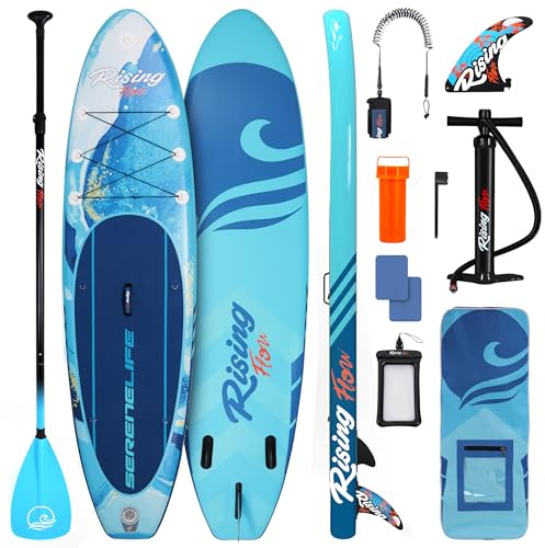 SereneLife Stand Up Paddling Board Blaue Welle Aufblasbares SUP Set mit Paddel, Pumpe und Tasche Touring SUP für Kinder und Erwachsene rutschfest tragbar für See Fluss und Meer 155 kg Tragkraft