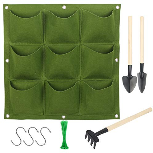BIGKASI 9 Pocket Hängende Pflanzbeutel Hängende vertikale Wand Pflanztaschen Pflanzen Wachsen Taschen zum aufhängen mit 3 pcs Pflanzwerkzeuge S Haken für Outdoor Indoor Gardening (50 * 50cm, Grün)