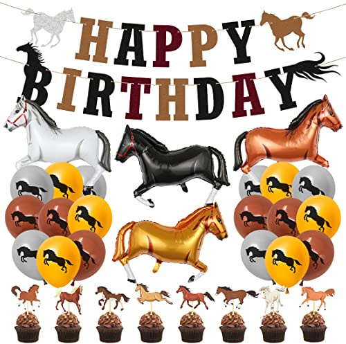 Pferde Geburtstagsdeko, Pferde Luftballons Kindergeburtstag mit Happy Birthday Banner, Ballon Set Geburtstag, Party Deko Set, Helium Ballon, fur Theme Party Supplies
