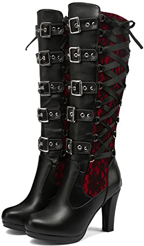 KysBloes Women Lace Goth Knee High Boots Buckle Block Heel Lace Up Knee Length Boots Punk Platform Tall Boot(Red,US size 9)