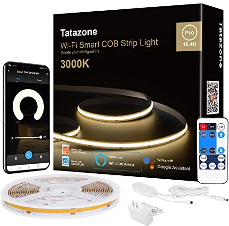 Tatazone Smart White COB Led Strip Light with App and Remote, 16.4ft 3000K Bright Warm White WiFi COB Light Strip Compatible with Alexa Google, Dimmable Indoor Led Lights for Mirror, Cabinet, Kitchen