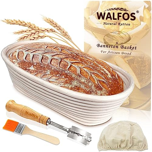 Walfos Gärkorb Oval BannetonSet, Gärkörbe zum Brotbacken 25cm, aus Natürlichem Rattan, Enthält Brotkinfe, Reinigungsbürste und Leinenbezug, perfekt für professionelles Brotbacken