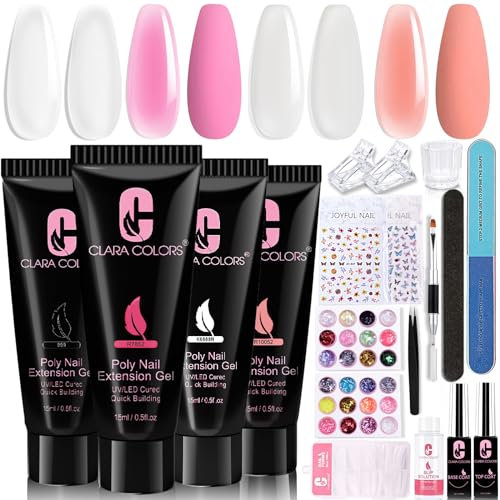 Kit de uñas de poligel Clara Colors, 4 colores color blanco transparente gelatina rosa nude kit de extensión de uñas de gel con solución deslizante capa superior de gel y herramientas