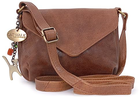 Catwalk Collection Handbags - Damen Leder Umhängetasche - Crossbody Bag/Handtasche Klein - Verstellbarer Schultergurt - Erin - Braun