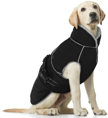 Hundemantel Winter, Wasserdicht Hundejacken Große Hunde Weste Winddicht Hundejacke Warm Fleece Reflektierend Winterjacken mit Leine Loch(Schwarz, XL)