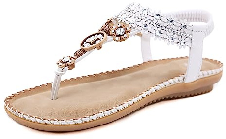 Flache Sandalen für Damen, Sommer, Bohemia, Vintage, Clip-Zehenring, Flip-Flops, Gladiator, Flache Unterseite, Sandalen, Strandschuhe, offene Zehen, Tanga, Slip-on-Hausschuhe,Weiß,36 EU