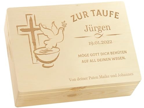 LAUBLUST Holzkiste mit Gravur - Personalisiert mit Name | Datum | WIDMUNG - Natur Größe L - Friedenstaube Motiv - Geschenkkiste zur Taufe - FSC®