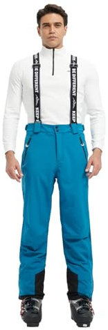 fit space Herren-Ski-Schneehose, wasserdicht, 15.000 mm, abnehmbare Hosenträger, isoliert, warm, Winter, Wandern, Snowboard, mit Fleece gefüttert, Blau, Größe L