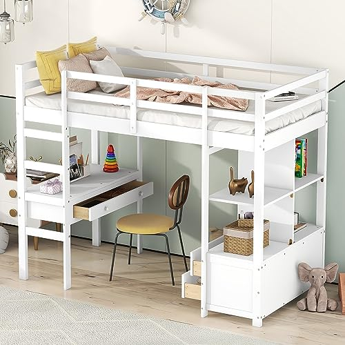 Kinderhochbett mit Schreibtisch und Stauraum, weiß, 90x200 cm
