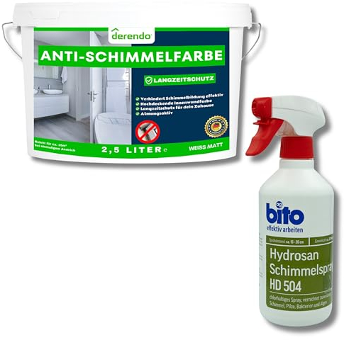 derendo Anti Schimmelfarbe 2.0 für feuchte Räume Badezimmer Schlafzimmer Wandfarbe innen weiß sehr hohe Deckkraft Schimmelbeseitigung Schimmelentferner Langzeitschutz (2.5 Liter + Schimmelentferner)