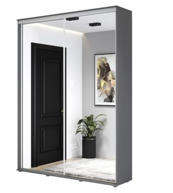 Meble Slupia - ZUZA 2 Garderobenschrank - Kleiderschrank mit Spiegel und Schiebetüren - 140x242x45cm - Kleiderstange Schrank - für Schlafzimmer, Flur - Laminierte Platte, Anthrazit