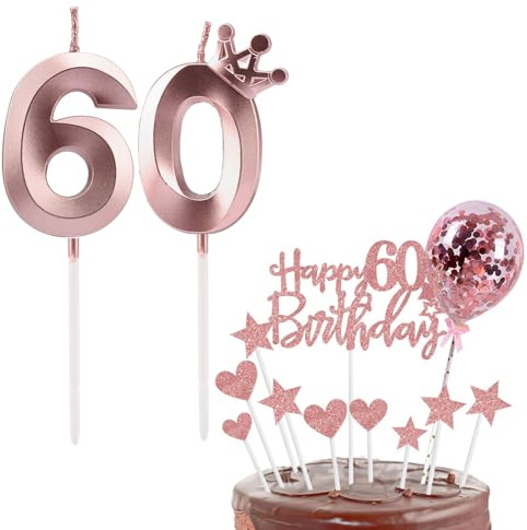 Bolosa Rose Gold Number 60 Birthday Candle Set and Cake Topper | Number 60 candle for sixtieth birthday cakes, suitable for girls, boys, parties, weddings and milestone celebrations