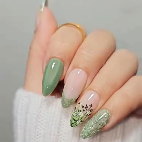 Kabwea 24 Stück Grüne Press on Nails, Kurze Mandel, Nageltips, Kunstnägel, Weiche Geltips, Vollständige Abdeckung, Blumen Glitzer Design, Frauen, Sommer