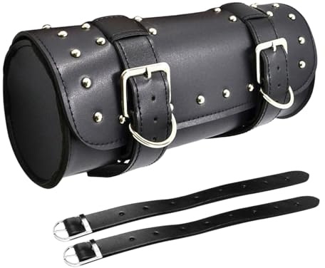 Motorrad Satteltasche, PU Leder Motorrad Werkzeugtasche mit verstellbaren Riemen, Lenkertasche Werkzeugtasche kompatibel mit Honda, Kawasaki, Suzuki, Yamaha (Schwarz)