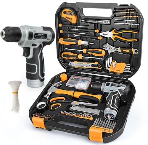 SOARFLY Upgraded 180 Piece Tool Set - Tool Box with 8V Cordless Drill, Hand Set for Men & Women, Home Repair Kit for DIYers, Homeowners & Handymen(Orange)