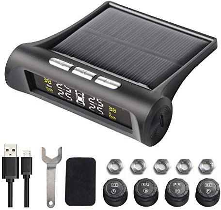 TPMS Tyre Pressure Monitoring System,Tire Pressure Checker Solar & USB Rechargeable with 4 External Cap Sensors, 6 Alarm Modes, LCD Display,Real Time Pressure & Temperature Alerts Ensure Safe Driving
