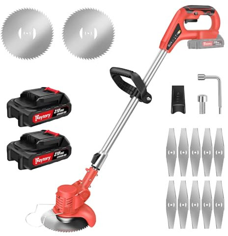 Metal Blade Cordless Strimmer Lightweight Grass Trimmers With 10 Metal Blades, 2 Saw Disc, 2 1.5Ah Batteries, 15cm Cutting Diameter, Adjustable Height and Cutting Head, For Lawn Garden (Red)
