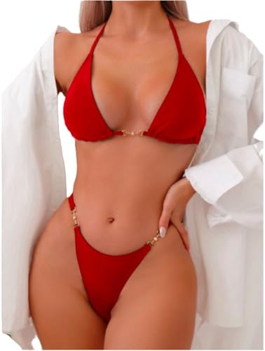 Women’s Triangle Bikini Set – Halter Two-Piece Swimwear with Padded Top & Low-Waist Bottoms – Thong-Adjustable Tie Swim Costume for Pool, Beach, Holiday,ann Summers (Red, M)