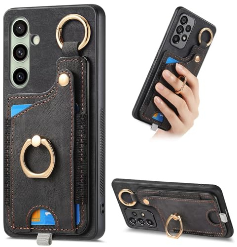 KRjcsfhy för iPhone 17 telefonfodral, ringhållare premium läder folio bok plånbok fodral skyddande flip korthållare stativ stötsäkert telefonskydd för iPhone 17, svart