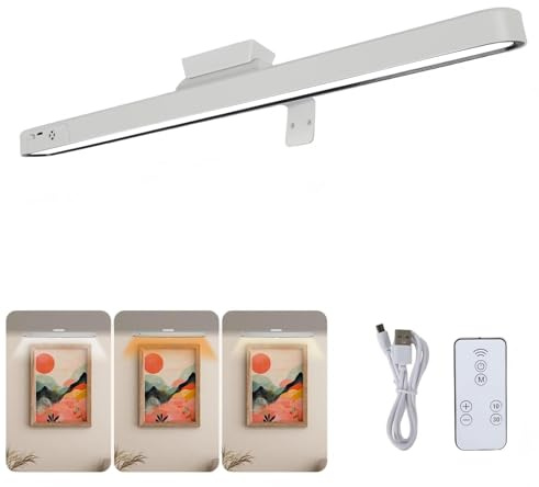 BTSAE Bildbeleuchtung Kabellos, Magnet Bilderleuchte mit Fernbedienung, Einstellbare Farbtemperatur und Winkel, LED Wandleuchte Kabellos für Bilderrahmen Beleuchtung, Dart Beleuchtung (Weiß, 49 cm)