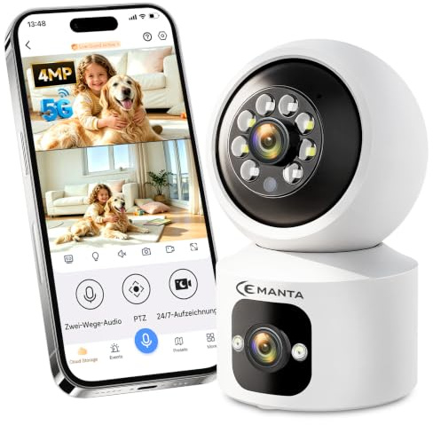 CEMANTA 4MP Überwachungskamera innen Dual-Objektiv 5G/2,4GHz WLAN ohne ABO | Kostenloser Cloud-Speicher, PTZ, 2-Wege-Audio, Nachtsicht, KI-Bewegungserkennung, Kompatibel mit Alexa, für Babys/Haustiere