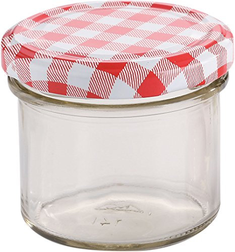 Weck 48er Set Sturzglas 125 ml mit Deckel – Einmachgläser rund Ø 6 cm, H 5,5 cm – Vorratsgläser zum Einkochen & Einmachen – spülmaschinenfest, rot-weiß karierter Schraubdeckel