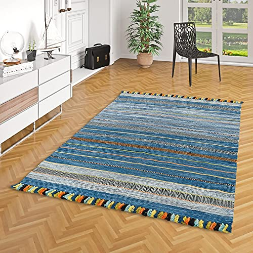 Pergamon Natur Teppich Bauwolle Kelim Kalleen Blau in 6 Größen