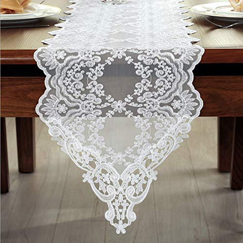 MARBER Runner da Tavolo in Pizzo Bianco Rustico Shabby Chic, 12'' × 71''