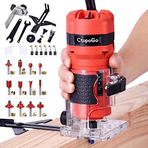 CtopoGo Compact Wood Palm Router Tool Hand Trimmer Woodworking Joiner Cutting Palmming Tool 30000R/MIN 800W 110V with 12PCS 1/4 Router Bits