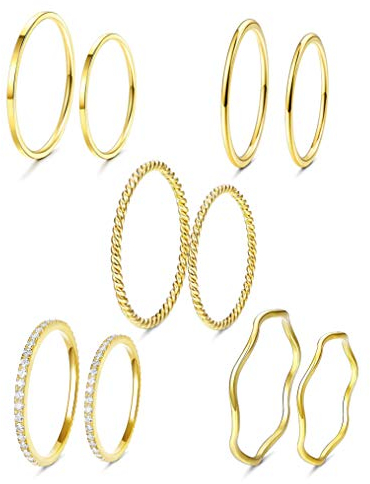 LOLIAS 10Pcs Edelstahl Knöchel Ringe Set Damen Band Ringe Fingerring CZ Stapelbarer Ring Midi Ringe Twist Eternity Bänder für Damen Comfort Fit Silber/Gold/Rosenton