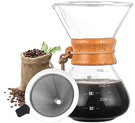 BicycleStore Cafetera de vertido, jarra de vidrio sin papel con filtro de acero inoxidable reutilizable, cafetera de vidrio manual, gotero de mano con funda de madera para viajes en casa