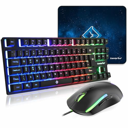 Combrite Gaming Keyboard And Mouse Set, With Large Mouse Pad, TKL Size Keyboard, RGB LED Backlit, Pro Gaming Mouse, USB Wired Desktop Combo, UK Layout