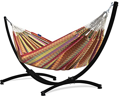 Potenza Outdoor Hängematte mit Gestell für 2 Personen I Morena - 100% Baumwolle Doppelhängematte 230x160 cm, 220kg I Hängemattengestell 220kg, wetterfest (Opal, Gestell Schwarz)