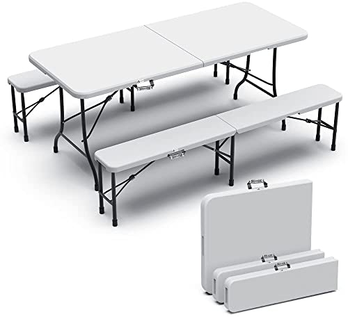 VOUNOT® Set Birreria Tavolo e 2 Panche Pieghevoli, Set di Mobili da Giardino con Manico di Trasporto, per Campeggio Picnic Esterno, Bianco, 180x75x72cm