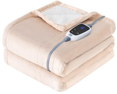 SEALY Heated Blanket Electric Throw, Flannel & Sherpa Heating Throw with 6 Heat Settings & 2-10 Hours Auto Shut Off, Fast Heating & ETL Certification, 50x60 Inch, Beige