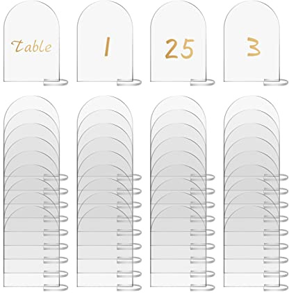YWNYT 40 Stück transparentes Bogen-Acrylschild mit Ständer, 10 x 15 cm, Leere Acrylplatten, Tischkarten, Bogen, Tischnummern, Schilder für Hochzeit, Abendessen, Party, Bankett, Lebensmittel