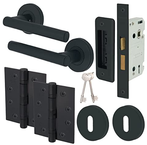 EAI Round Internal Door Key Lock Set - Matt Black | Mortice Sash Lock, Handle, Escutcheons & Hinges (102mm) | Office, Bedroom, Closet & Bathroom Lever on Rose | Lockable Interior Handles