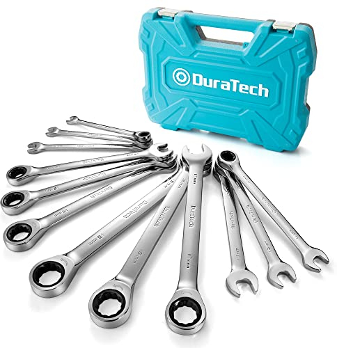 DURATECH 12-teilig Ringratschenschlüssel Set, Maul-Ringschlüssel-Satz mit Festem Kopf, Gabelringschlüssel Satz, Metrisch, 8-19mm, Cr-V Stahl, Organisiert im Aufbewahrungskoffer