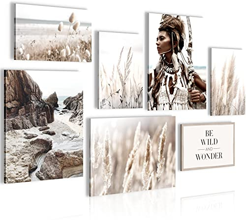 Novart Wandbilder Boho Pampasgras - KOMPLETT AUFHÄNGFERTIG - Beige Braun Wohnzimmer Schlafzimmer - 7 Moderne Mood-Bilder - N022971a