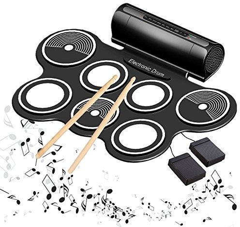 Elektronisches Schlagzeug, Roll-Up Trommel-Set Doppel-Lautsprecher eingebaut mit 7 Pads Stäbchen Pedale Jack für Kopfhörer tragbar faltbar Drum, Geburtstag Weihnachten Geschenk für Kinder Anfänger