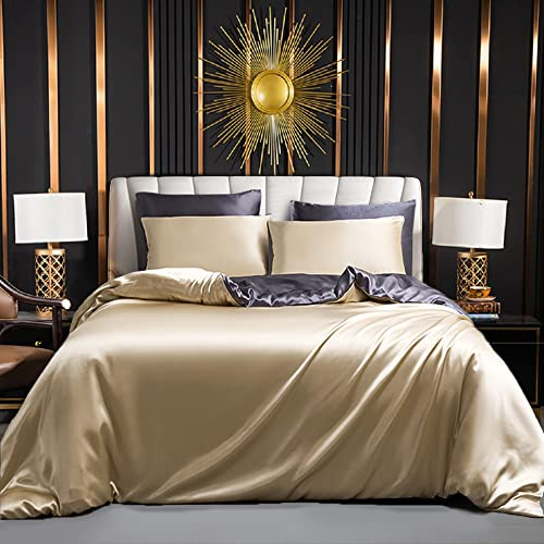 Luofanfei Satin Bettwäsche Set 155x220cm Gold Braun Grau Glänzend Glatt Bettwäscheset Uni Seide Luxus Muster Glanzsatin Sommer Wendebettwäsche und Kissenbezüge 80x80 cm mit Reissverschluss