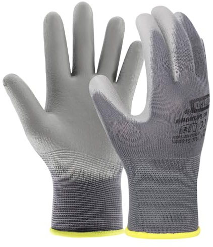 EXBRIECO Guantes de Trabajo Profesionales Ideales para Construcción, Abrasión, Mecánica, Guantes de Protección CAT 2 Multipropósito en Nylon y Poliuretano, Resistentes pack de 3,6,12,60,120,240