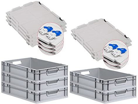 PROREGAL SuperSparSet 5x Eurobox NextGen Grip mit Scharnierdeckel und blauen Schiebeschnappverschlüssen, HxBxT 12x40x60cm, 23 L, Grau, Griffe offen, Eurobehälter, Transportbox