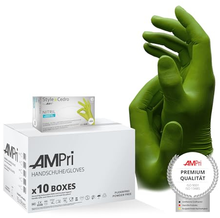 AMPri Nitrilhandschuhe, cedro, grün, 10 Box a 100 Stk, Größe M, puderfrei, Style cedro by Med-Comfort: Nitril Einmalhandschuhe, Einweghandschuhe in den Größen XS, S, M, L, XL